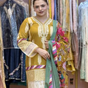Colorlife Unstitched  Mastard Kolka Print with Embroidery