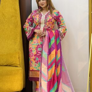 Colorlife Unstitched Orange Floral Print with Embroidery 3-Piece Set