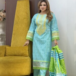 Colorlife Unstitched Aqua Blue Print with Embroidery 3-Piece Set