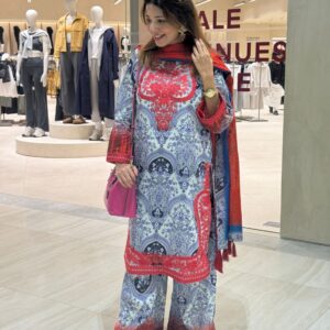 ColorLife Blue & Red Printed Cotton Salwar Kameez Set
