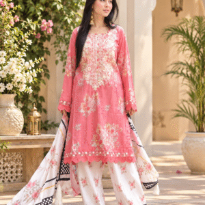 SHELAI Women’s Coral Pink Floral Printed & Embroidered 3-Piece Salwar Kameez Set